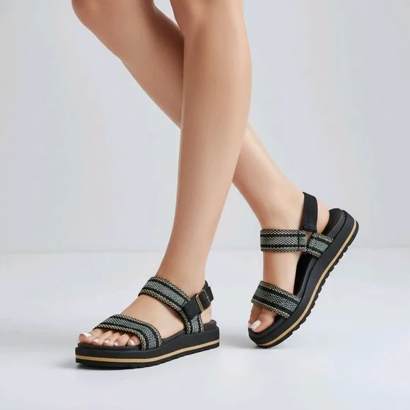 Bobs from Skechers Womens Black Woven Arch Comfort Platform Sandals 114329 BBK 9 - Picture 1 of 9